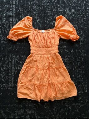 Orange Puff Sleeve Smocked Waist Casual Dress